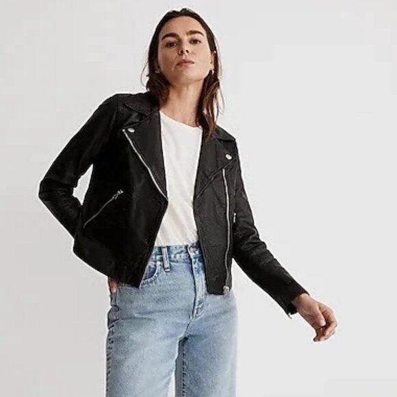 Hi Line Black Cotton Moto Biker Jacket Size Large Asymmetrical Zip - Picture 2 of 16